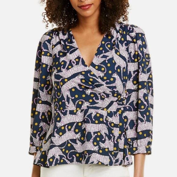 Kate Spade Panther Dot Wrap Top Novelty Print Cheetah Leopard Polkadot Blouse - Picture 1 of 11